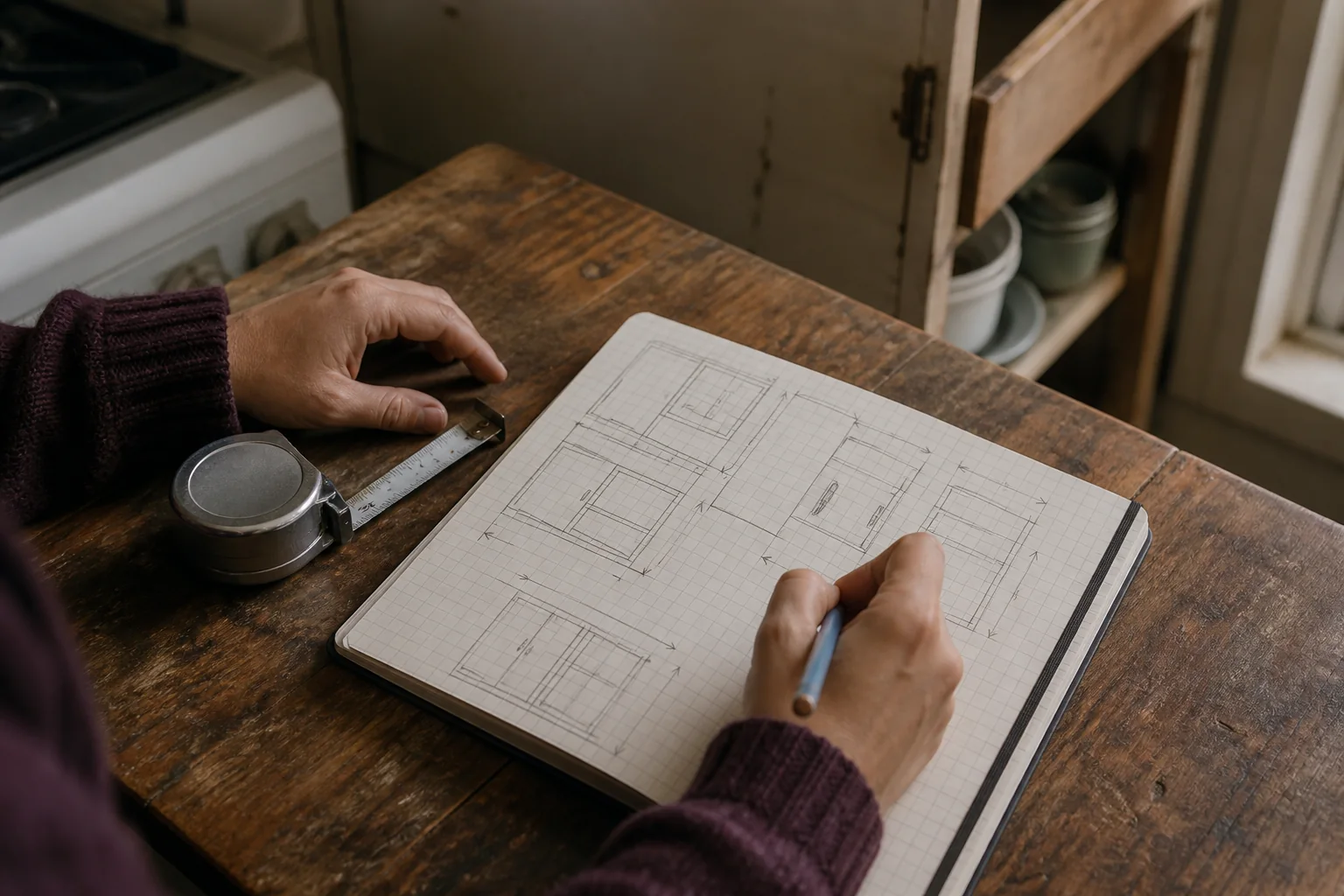 Anonymous hands drawing cabinet dimensions in a grid notebook