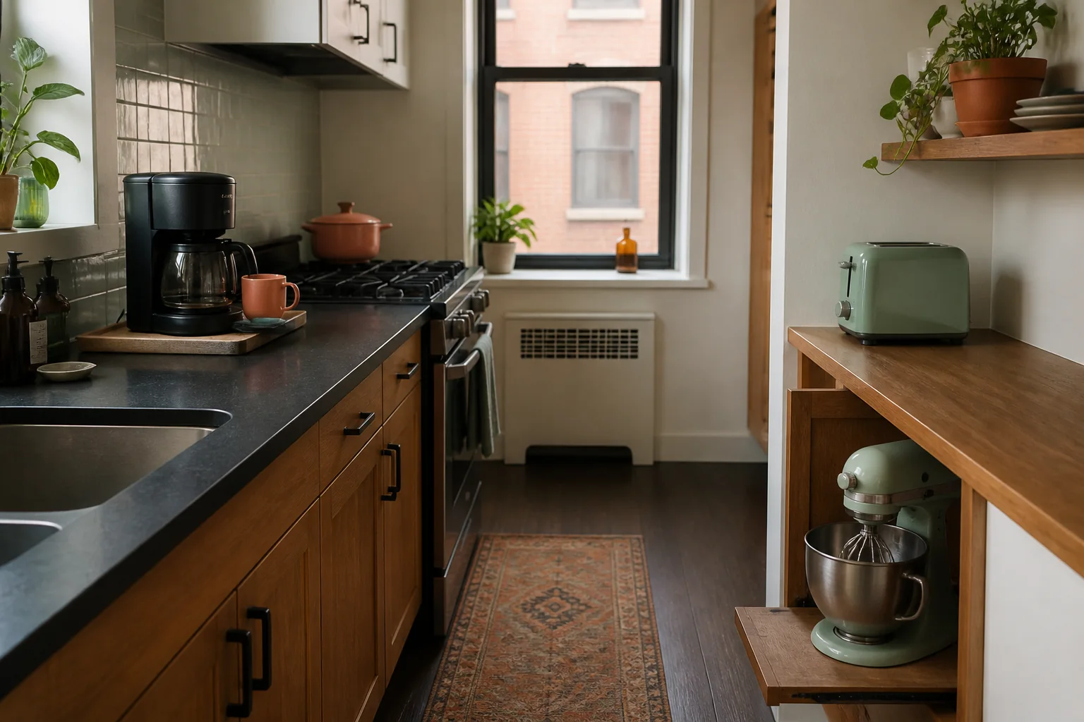 Compact kitchen with daily and occasional appliances in separate storage zones