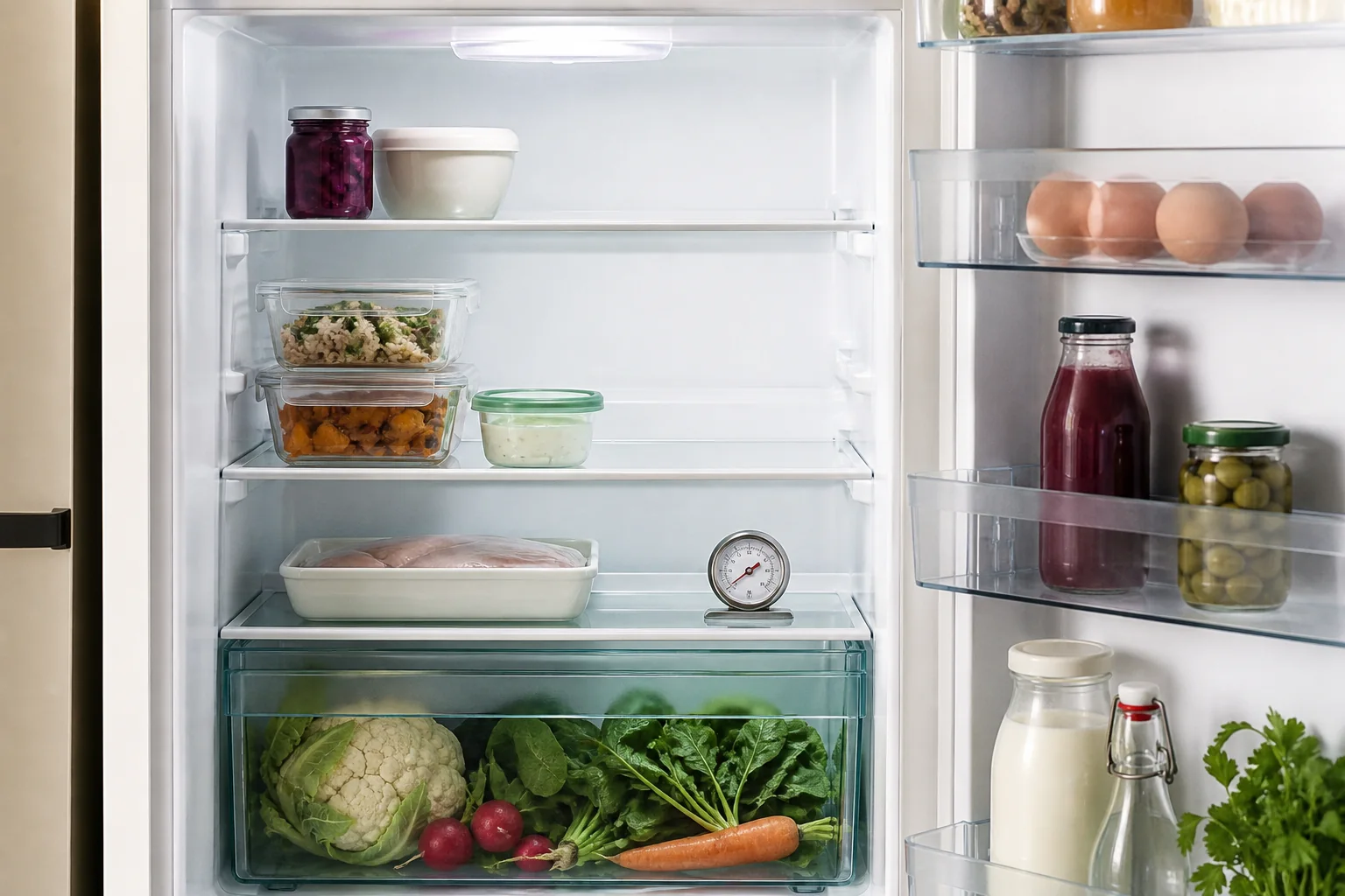 Compact refrigerator with covered food, airflow gaps and an open buffer zone