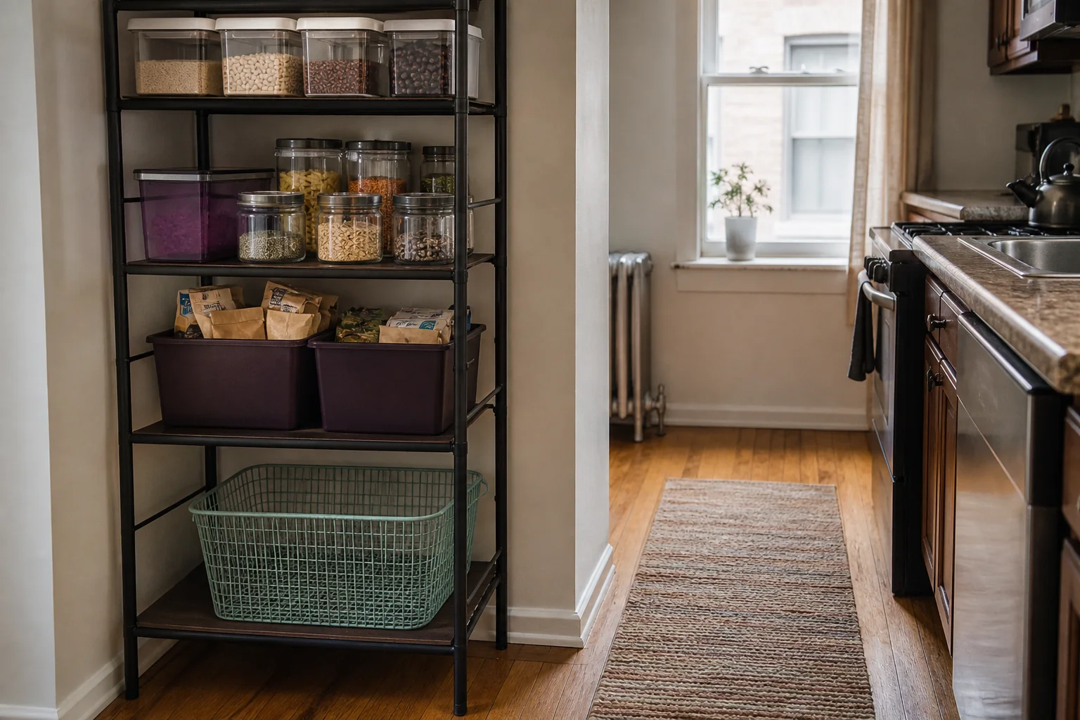 Freestanding food shelf with sealed storage and an empty grocery-day basket