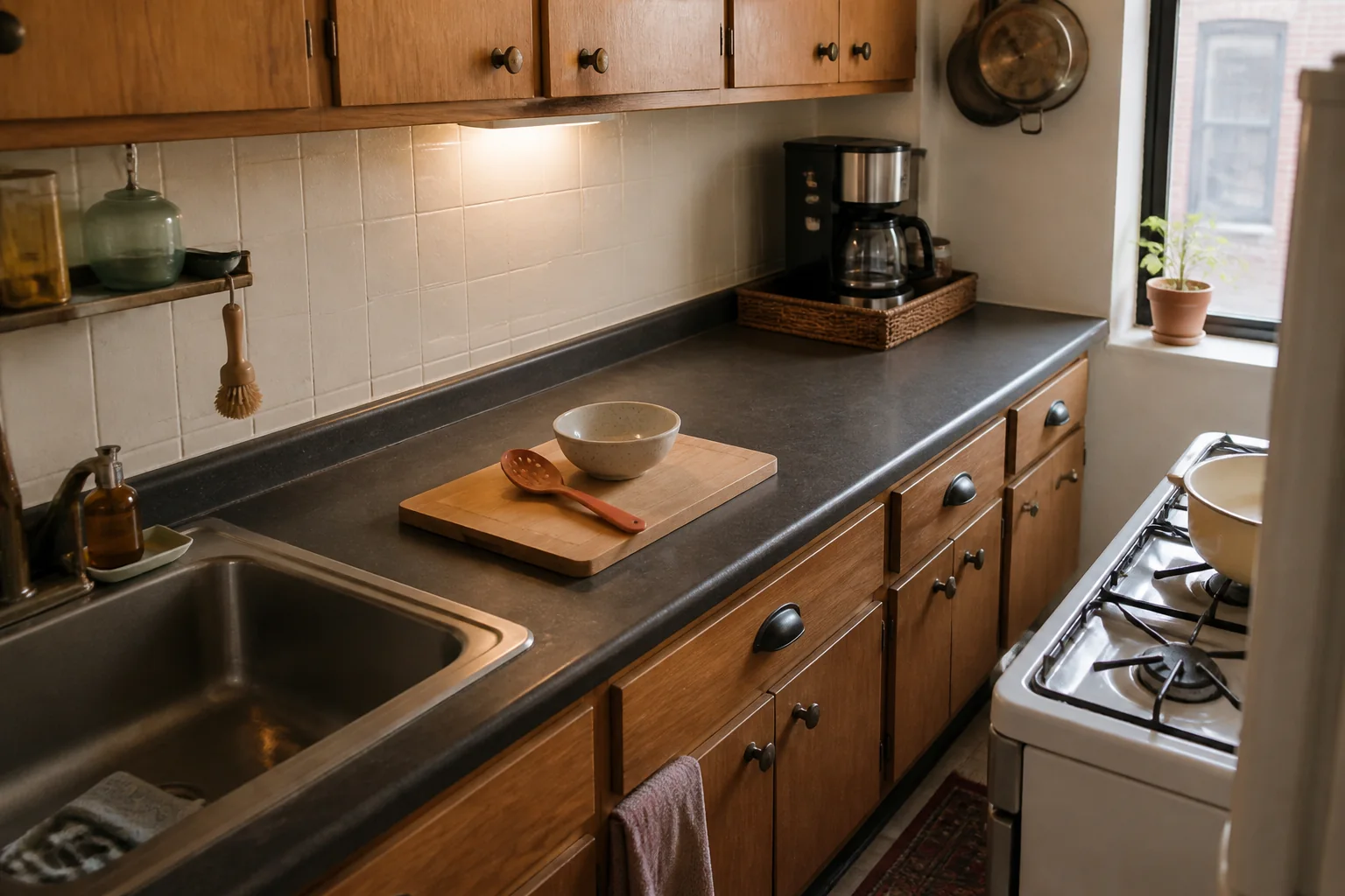 Narrow kitchen counter with a continuous work zone between sink and appliance tray