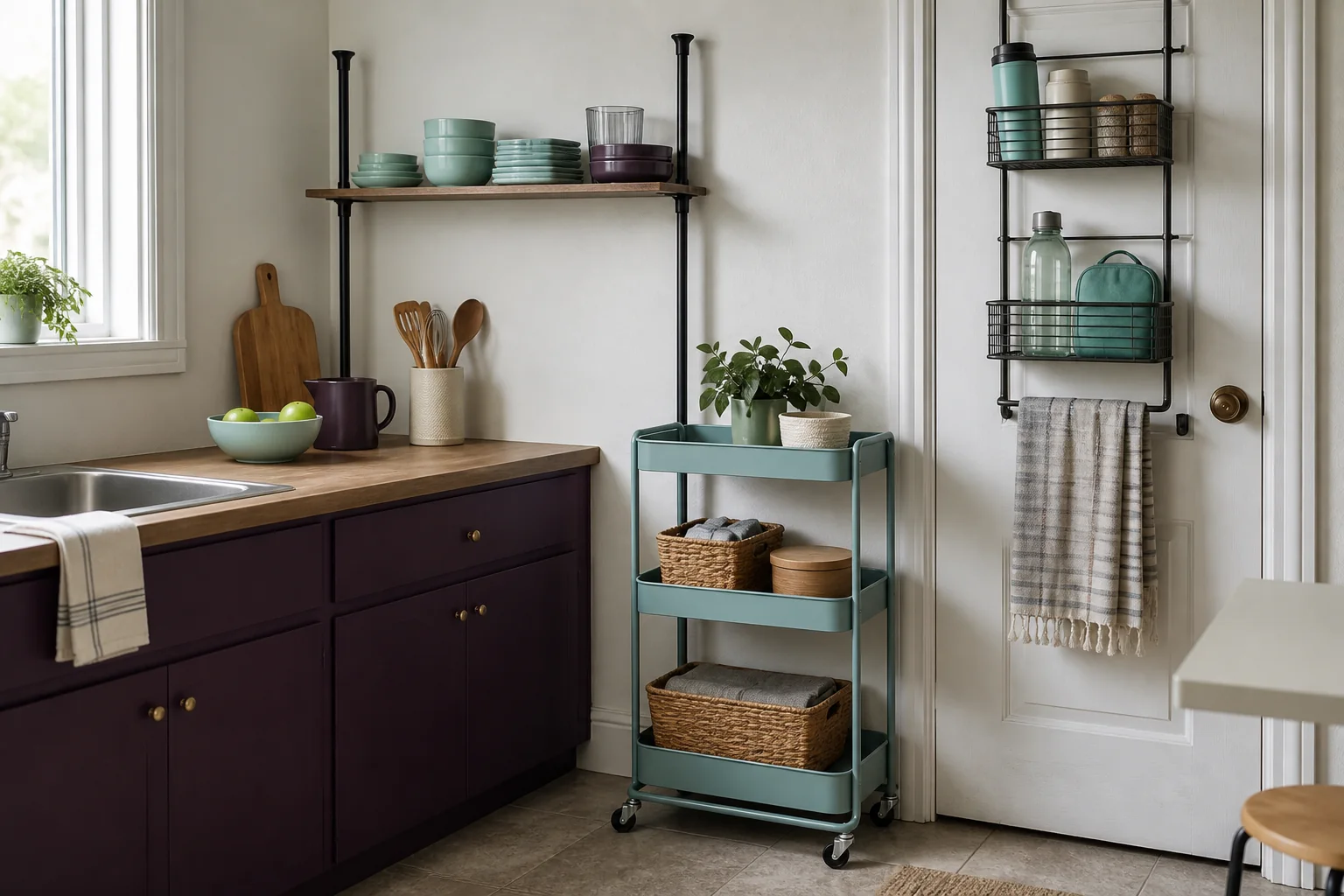Compact rental kitchen using freestanding and removable storage formats