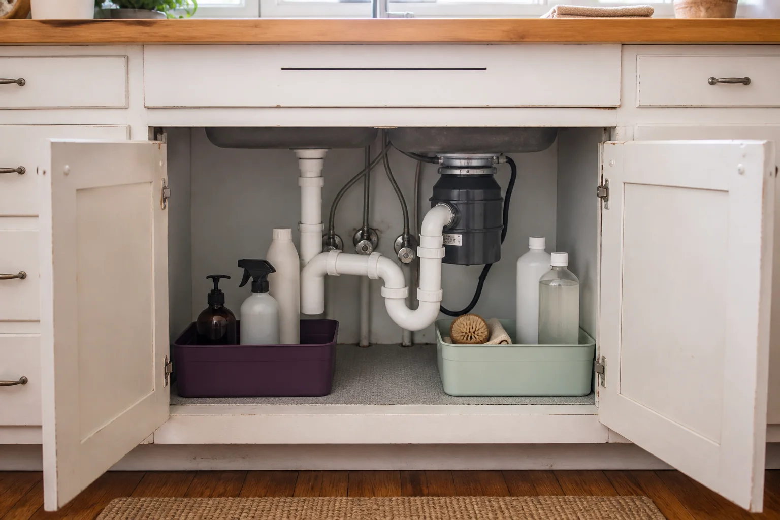 Open sink cabinet with removable trays arranged around visible plumbing