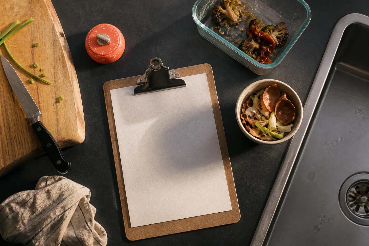 Kitchen reset tools arranged around a clear counter and blank checklist